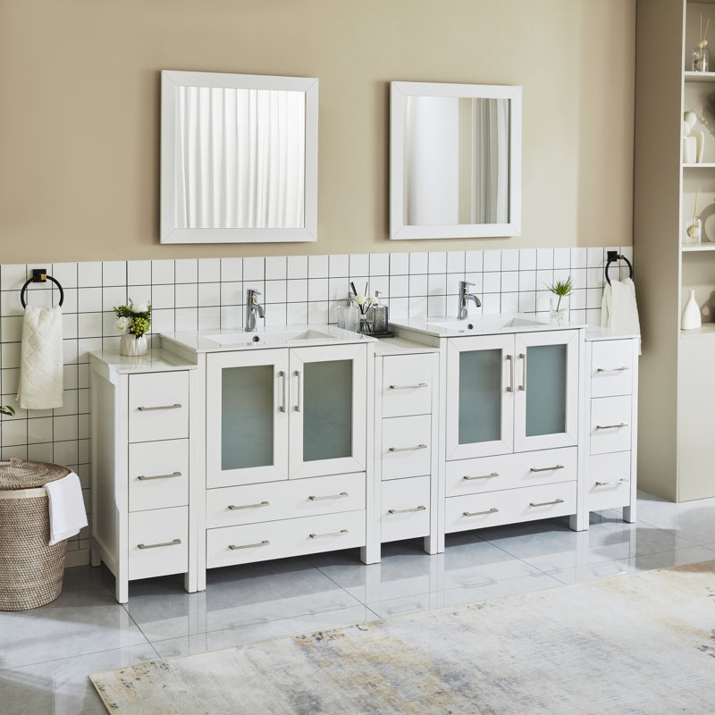 Wade Logan® Karson 96'' Double Bathroom Vanity with Ceramic Top with Mirror & Reviews Wayfair